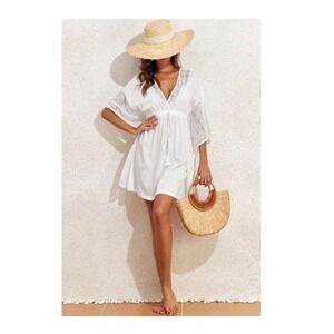 White Boho Swim Cover Up Dress Coastal Kimono Sleeve Tassel Lace Resort Wear M